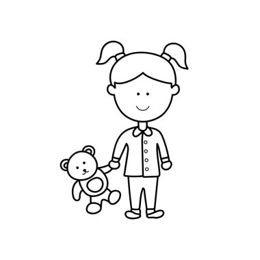 El çizimi Çocuklar, Beyaz Arkaplan 'da izole edilmiş yavru ayı ikonu olan şirin bir kız çocuğu çiziyor.