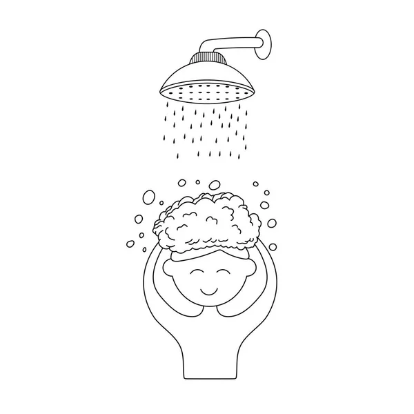 Met Hand Getekend Cartoon Vector Illustratie Jongen Wassen Zijn Haar — Stockvector