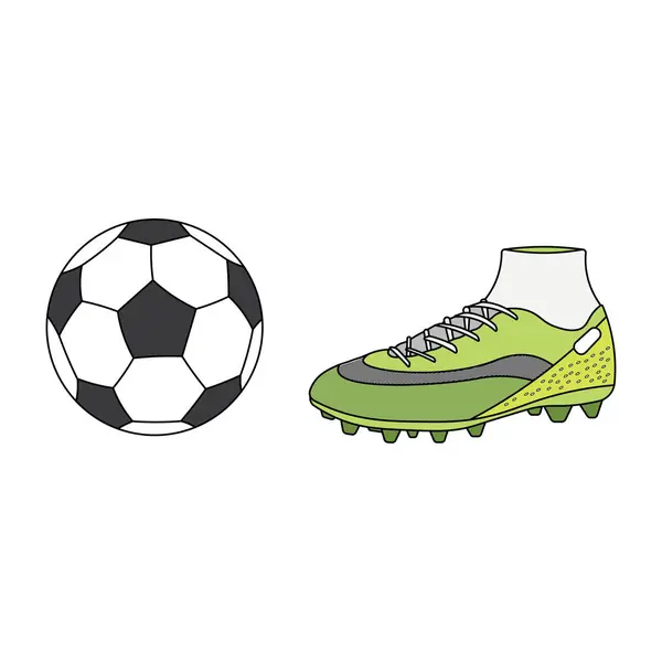 手绘卡通矢量图解足球和运动鞋图标与白色背景相分离 — 图库矢量图片