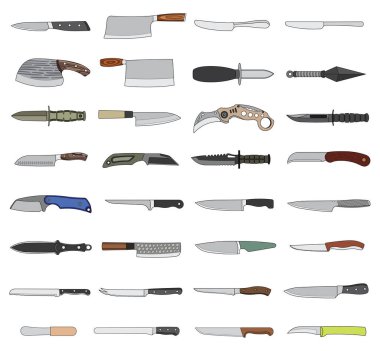 Karikatür Vektörü çizen çocuklar karalama stilinde izole edilmiş büyük bir bıçak seti çiziyorlar.