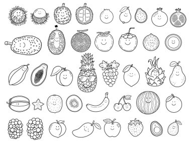 Elle çizilmiş Vektör illüstrasyon renkleri. Çocukların sevimli gülümseyen meyve yüzlü klipleri.