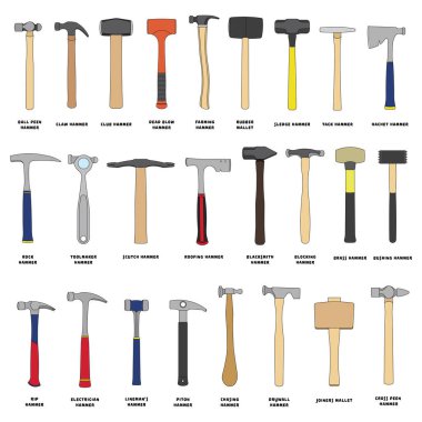 Çizgi film Vektör illüstrasyonunu çizen çocuklar Beyaz Arkaplanda farklı tiplerdeki çekiç simgesini izole ettiler