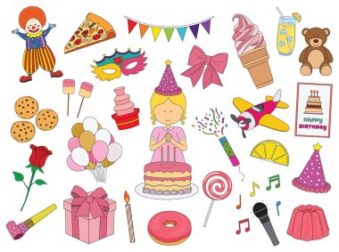 Çocuklar şirin kızlar çiziyor Mutlu Yıllar Partisi karalama tarzında izole edilmiş vektör simgesi