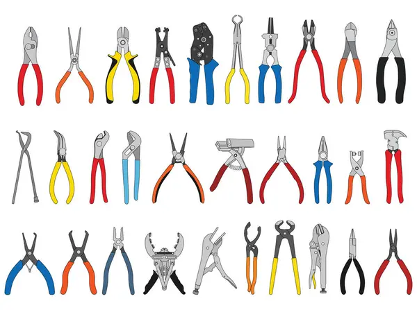 Çizgi film Vektör illüstrasyonunu çizen çocuklar Beyaz Arkaplanda farklı tipler pense simgesi belirlerler