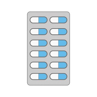 Çocuklar çizgi film çiziyor. Vektör illüstrasyon hapı. İlacın kabartma kutusu simgesi. Beyaz üzerine izole edilmiş.