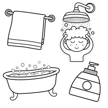 Hand drawn Bathroom Essentials Vector Bundle  Shower Towel Soap Bathtub