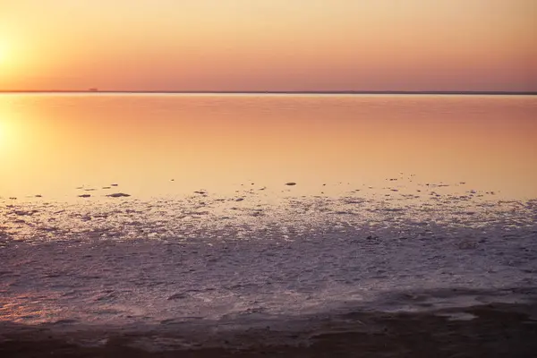 Shore and waters of a salty pink lake at sunset
