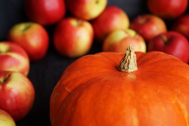 Koyu arkaplanda olgun elmaların yanında portakal kabağı