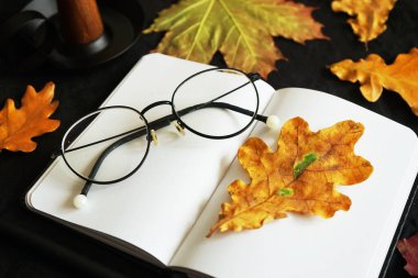 Koyu arkaplanda kalem, gözlük ve kuru yapraklarla not defterini aç