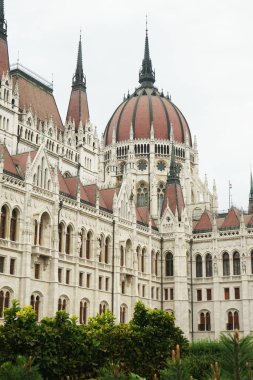 Budapeşte 'deki parlamento binasının manzarası yeşil çalılarla çevrili.