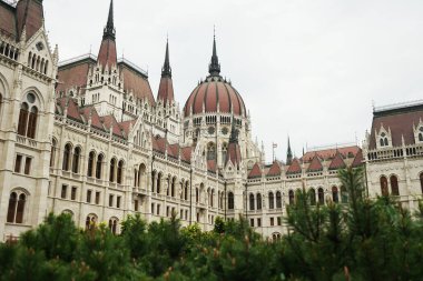 Budapeşte 'deki parlamento binasının manzarası yeşil çalılarla çevrili.