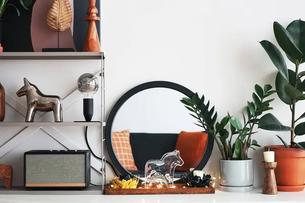 Music speaker, potted plants, mirror and various decor in a modern interior