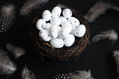 Koyu arkaplanda tüylerin yanındaki yuvadaki yumurtalar.