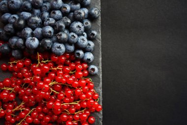 Siyah tahta üzerinde kırmızı frenk üzümü ve taze yaban mersini.