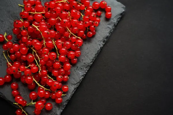 stock image Red currants on a black slate board on a dark background