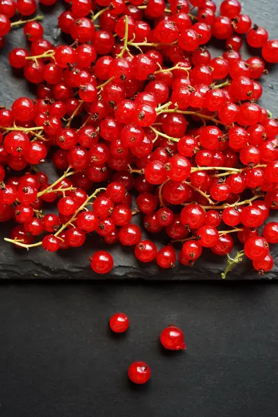 stock image Red currants on a black slate board on a dark background