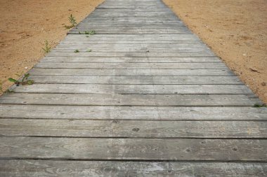 Kumsalda ahşap bir patika, yakın plan.