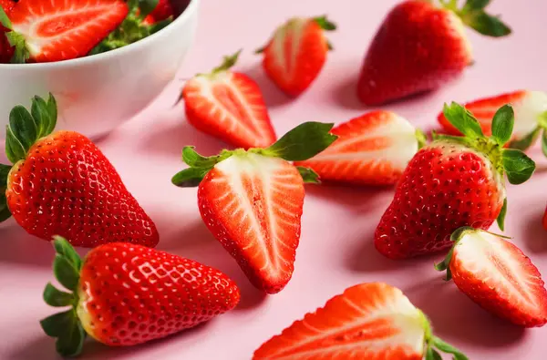 Büyük olgun çilekler beyaz bir tabakta, pembe arka planda çileklerin yanında.