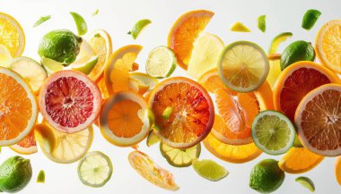 An AI-generated image featuring a vibrant mix of citrus slices, including grapefruit, oranges, limes, and lemons, floating in sparkling water with bubbles. clipart