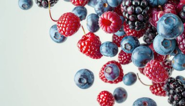 An AI-generated image of fresh raspberries, blackberries, and blueberries floating in water with bubbles. clipart