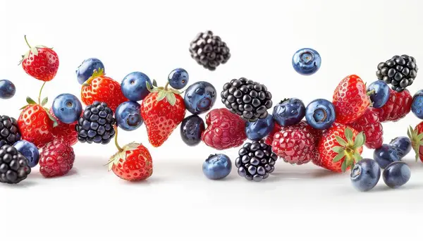 stock image An AI-generated image showcasing a vibrant assortment of fresh berries, including blackberries, raspberries, blueberries, and strawberries. 