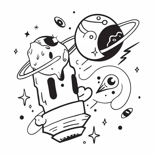 stock image AI-generated black and white illustration featuring playful space elements like planets, rockets, and stars.