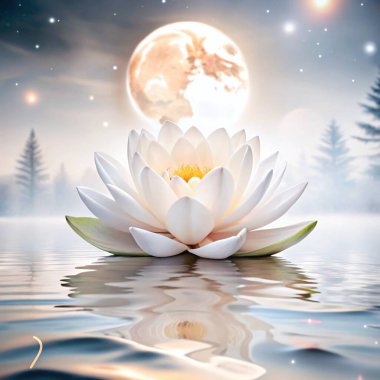 A peaceful lotus flower floating gracefully on calm water. The soft white petals and serene reflection create a soothing atmosphere, perfect for nature-related themes. clipart