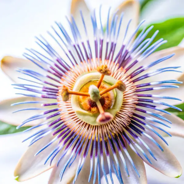 stock image A striking macro shot of a passionflower, emphasizing its radial symmetry and vivid colors