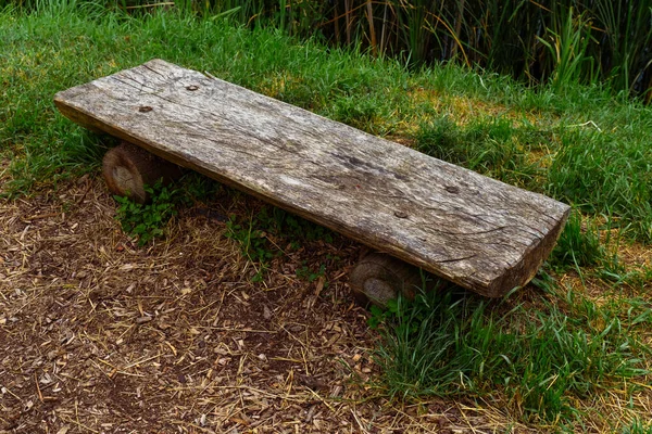Empty Old Wooden Bench Log Stands Grass Summer — Stock Photo, Image