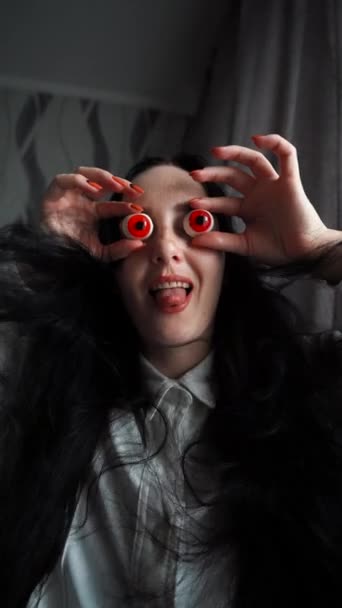 Crazy Witch Woman Scary Red Eyes Halloween — Stock Video