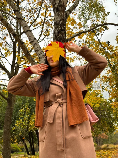 Şık bir kız bir sonbahar parkının arka planında akçaağaç yaprağı tutuyor.