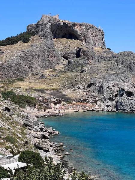 Acropoli Lindos Nell Isola Rodi Grecia Spiaggia Saint Pauls Lindos — Foto Stock