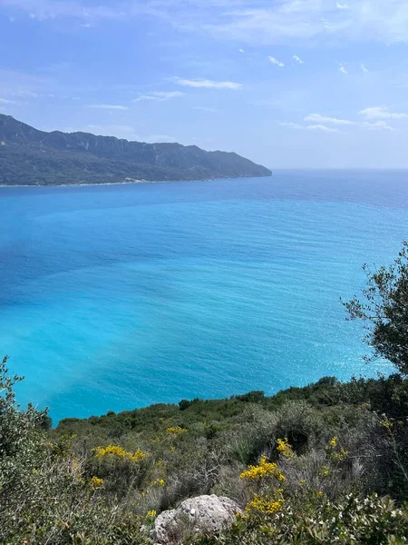Lagoa Azul Ver Corfu Partir Montanhas Foto Alta Qualidade — Fotografia de Stock