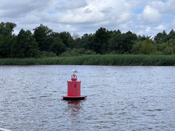 Floating red navigational red buoy and bird on blue water of Nemunas River. Buoy in the river. Navigation equipment. Tranquil water surface. High quality photo