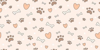 vector seamless pattern with cute cartoon paw prints, dog seamless pattern with paws, bones, hearts. puppy paws. poster, print, post card, table cloth, cloth, shirt, curtain, flannel, foot towel. vector illustration cartoon kawaii cute style clipart