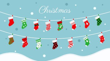 Noel çorapları, süslenmiş Noel çorapları, asma çorapları, süsler, kış yılbaşı kartı, poster, yeni yıl tebrik kartı, vektör illüstrasyonları.