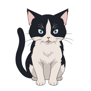 Beyaz arka planda izole edilmiş kedi ya da kedi tasarımı, tüylü kedi, çizgi film tarzı, vektör illüstrasyonu