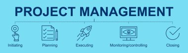 Proje Yönetim Süreci konsept pankartı ve başlatma başlatma planlama uygulaması izleme ve kapatma simgeleri