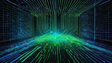 Futuristic abstract background featuring neon blue and green glowing lines, digital grids, and glowing particles, with a dark backdrop clipart