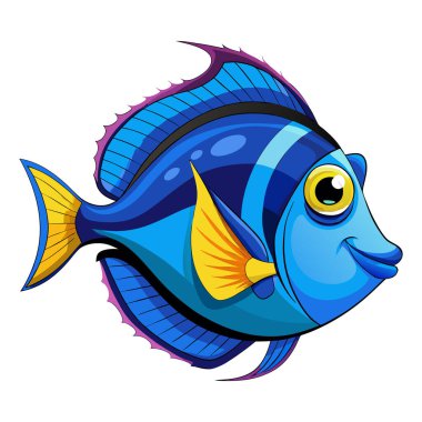 Mavi tang maskotu vektör etiketi tasarımı