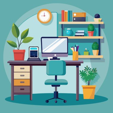 Bilgisayar masası ahşap mobilya 3D vektör tasarımı