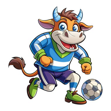 İnek futbol maskotu karakteri 3d Disney çizgi film stili etiket tasarımı