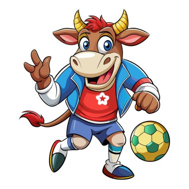 İnek futbol maskotu karakteri 3d Disney çizgi film stili etiket tasarımı