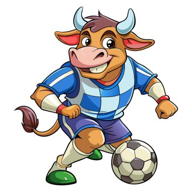 İnek futbol maskotu karakteri 3d Disney çizgi film stili etiket tasarımı