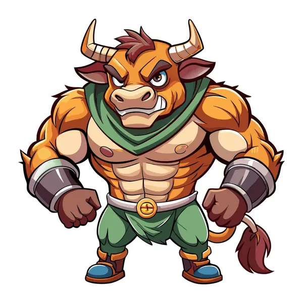 Saldırgan savaşçı maskot inek karakteri 3 boyutlu Disney çizgi film stili etiket tasarımı