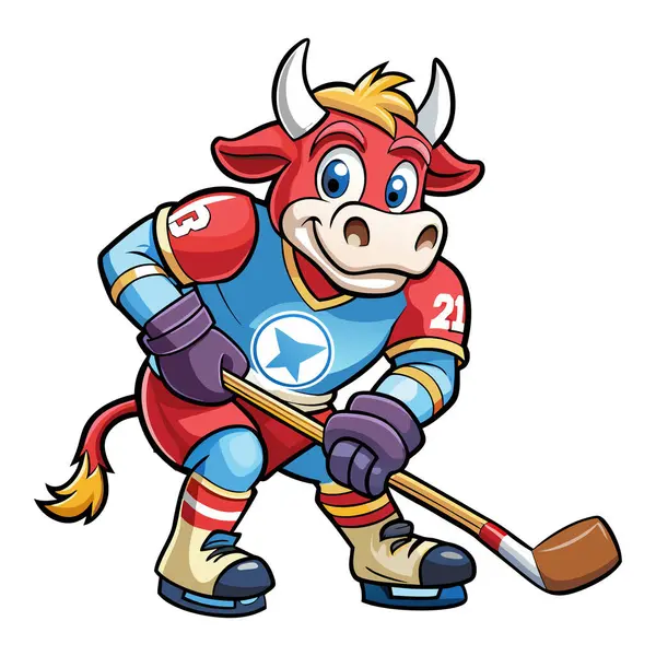 Hokey maskot karakteri 3 boyutlu Disney çizgi film stili çıkartma tasarımı oynayan inek