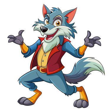 Dans eden kurt maskotu karakter 3d Disney çizgi film stili çıkartma vektör tasarımı