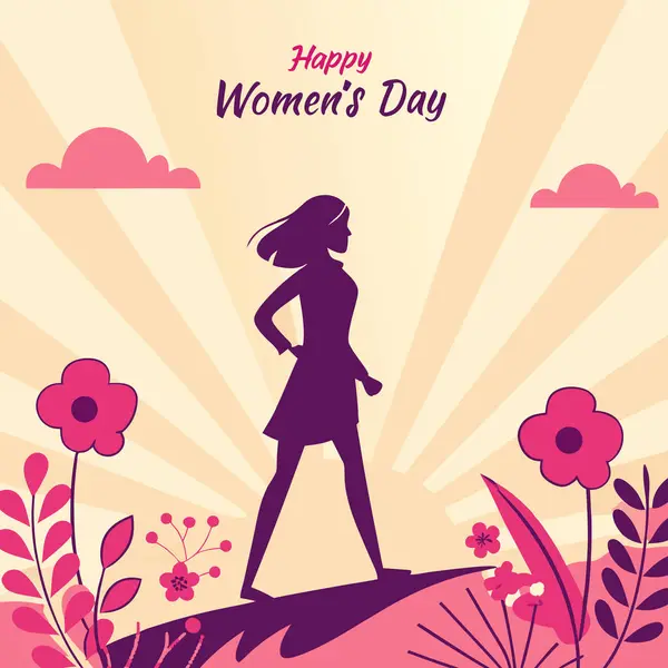 Kendine güvenen bir kadının silueti uzun arka planda duran mutlu bir kadın günü posteri