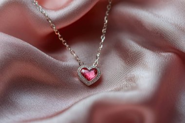 Yumuşak pembe kumaşlı romantik kalp şeklinde bir kolye, Sevgililer Günü için mükemmel.
