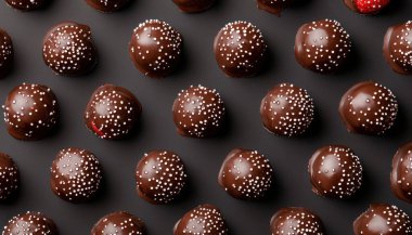 Lezzetli çikolatalar koyu yüzeyde düzgünce dizilmiş çilekler.